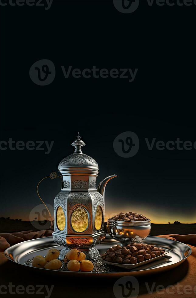 3d hacer de Arábica té o café maceta y frutas en bandeja. islámico religioso concepto. foto