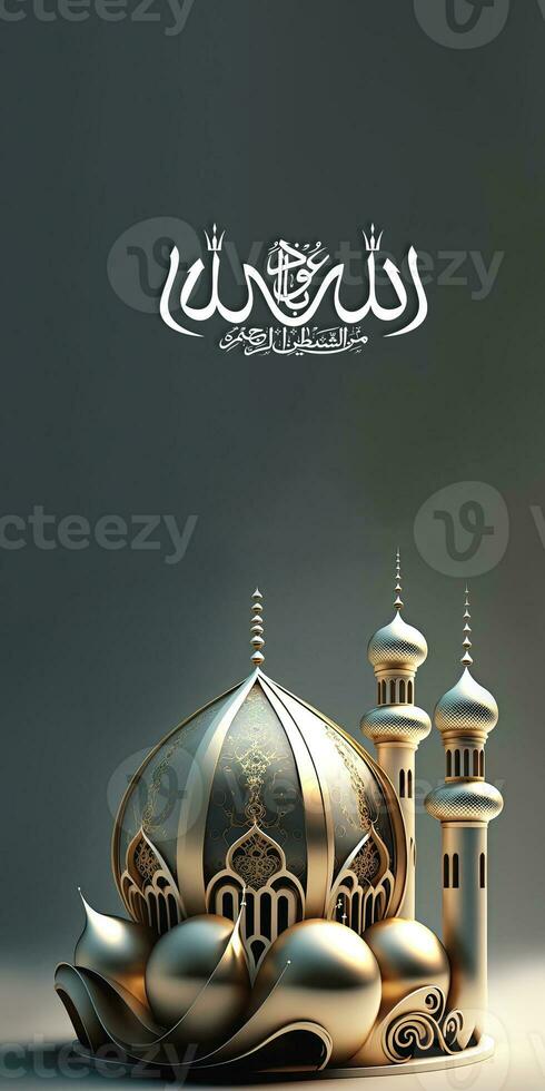 Arabic Islamic Calligraphy of Wish Fear of Allah brings Intelligence, Honesty and Love And 3D Render of Exquisite Mosque. Vertical Banner Design. photo