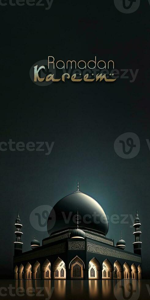 Ramadan Kareem Banner Design, 3D Render of Exquisite Mosque With Crescent Moon In Night. photo