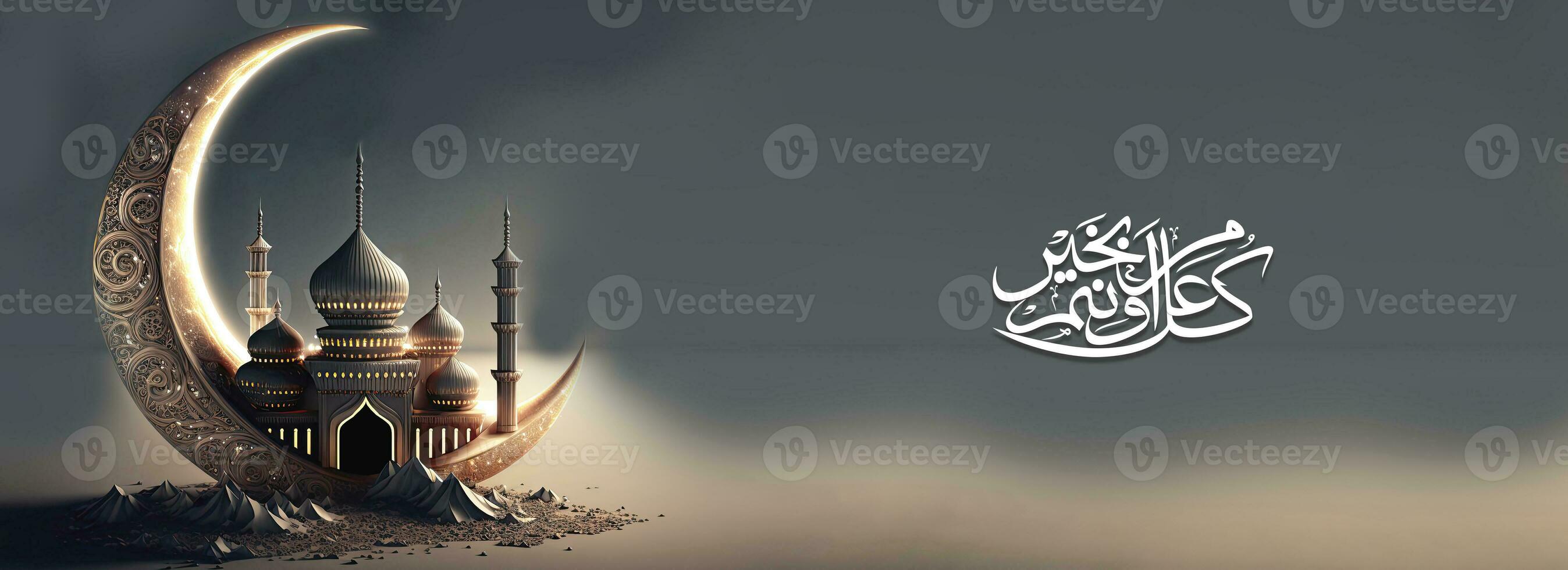 Arabic Islamic Calligraphy of Wish May you be well every year, 3D Render of Exquisite Crescent Moon With Mosque On Gray Background. photo