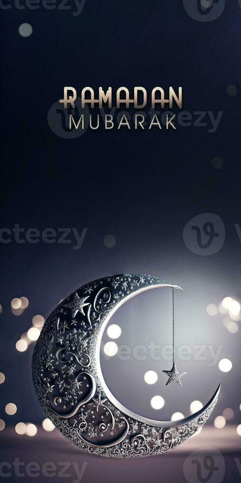 Ramadán Mubarak bandera diseño, 3d hacer de Exquisito creciente Luna con colgando estrella en bokeh antecedentes. foto