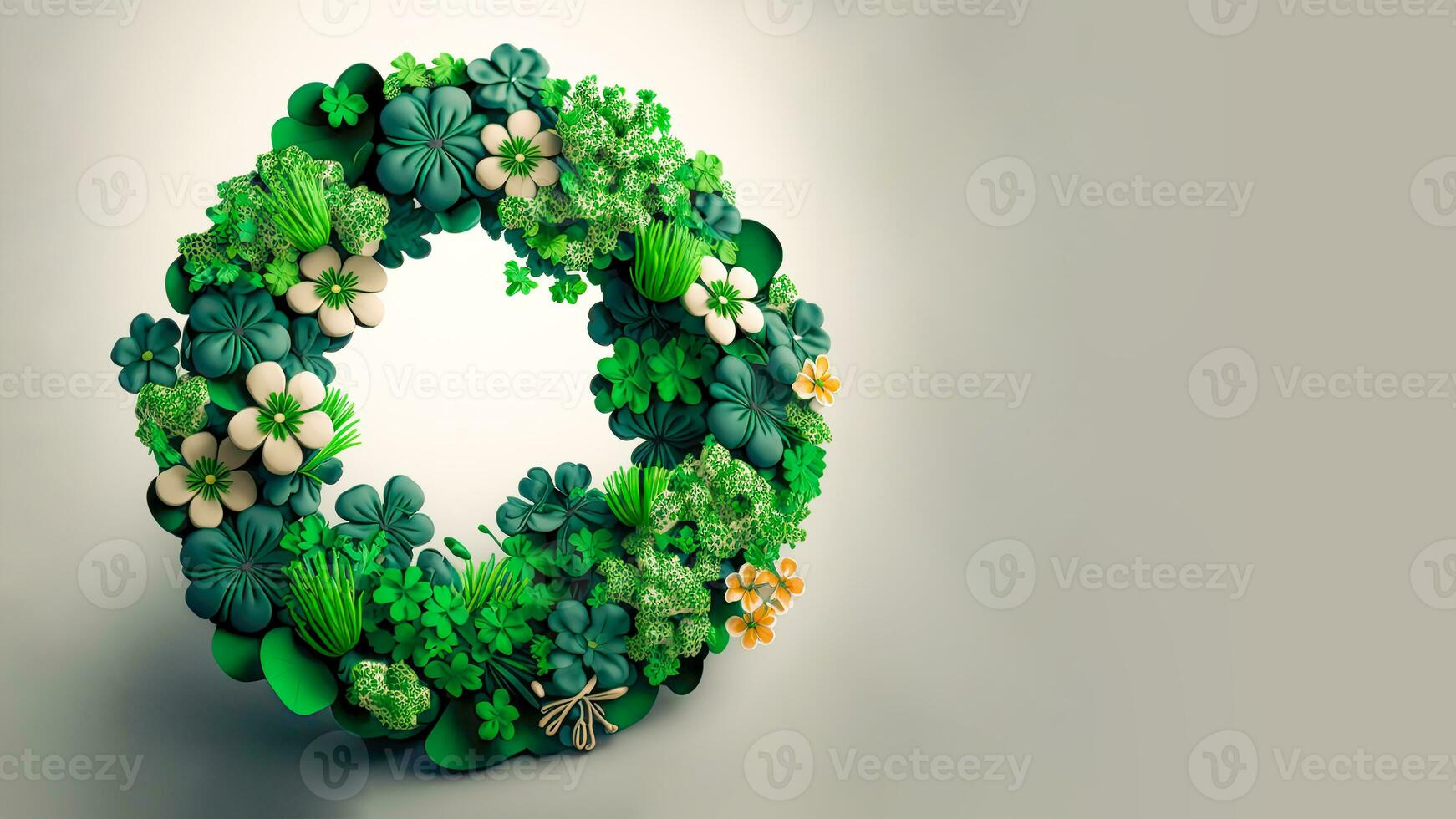 3D Render of Clover And Tropical Leaves Forming Wreath Against Gray Background. St. Patrick's Day Concept. photo