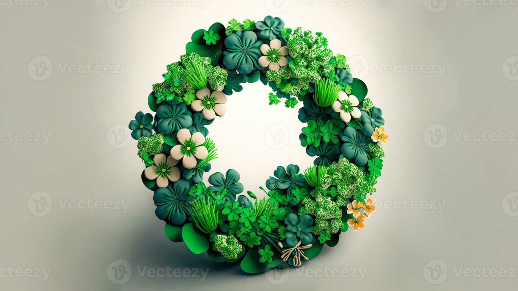 3D Render of Clover And Tropical Leaves Forming Wreath Against Gray Background. St. Patrick's Day Concept. photo