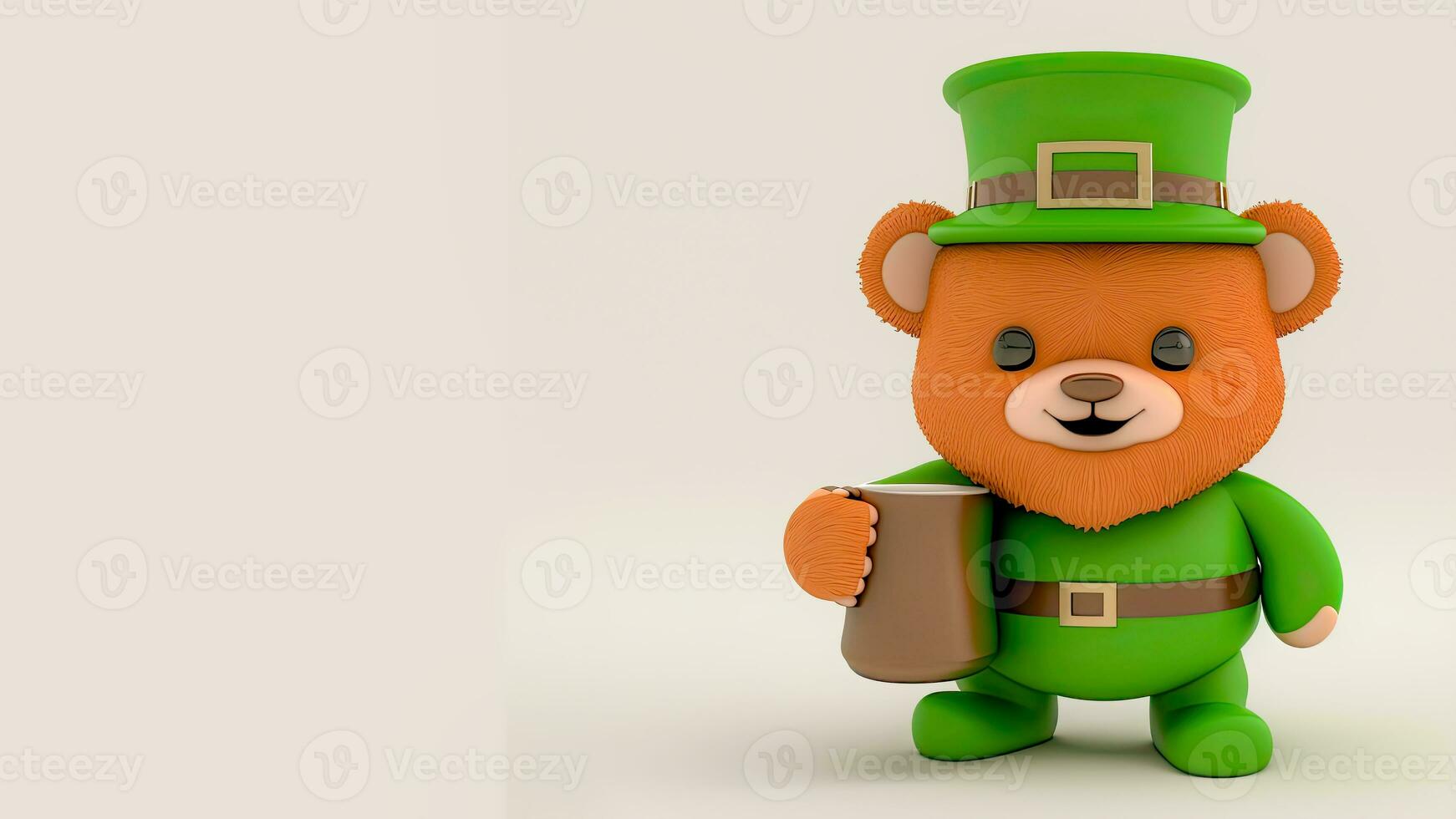 3D Render of Leprechaun Teddy Bear Holding Mug On Beige Background And Copy Space. St. Patrick's Day Concept. photo