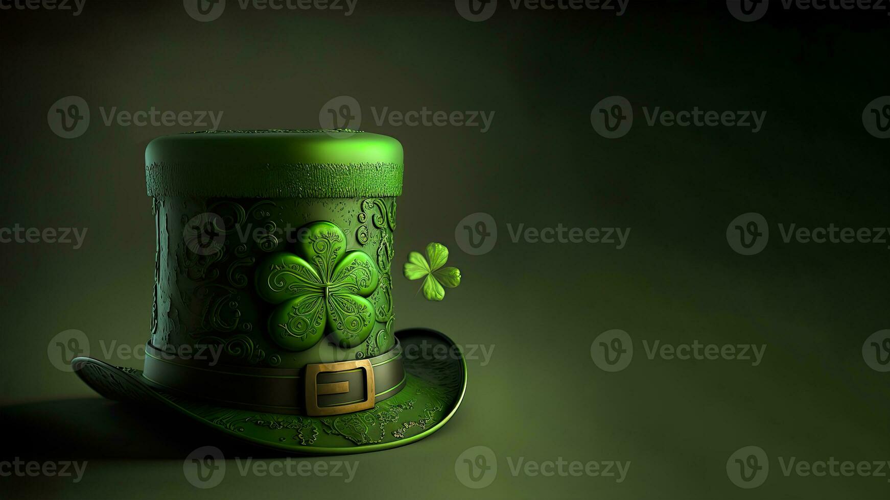 3D Render of Clover Leaves Printed Leprechaun Hat On Green Background. St. Patrick's Day Concept. photo