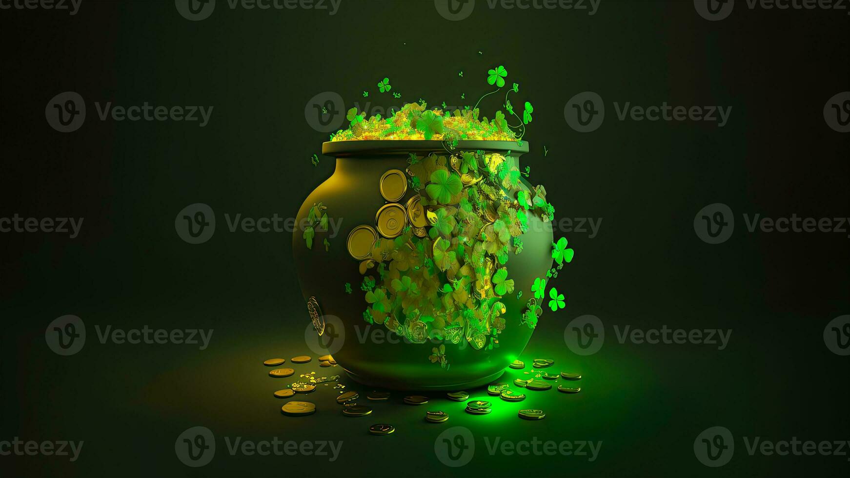 3D Render of Golden Coins Pot Decorated By Clover Leaves On Green Background And Copy Space. St. Patrick's Day Concept. photo