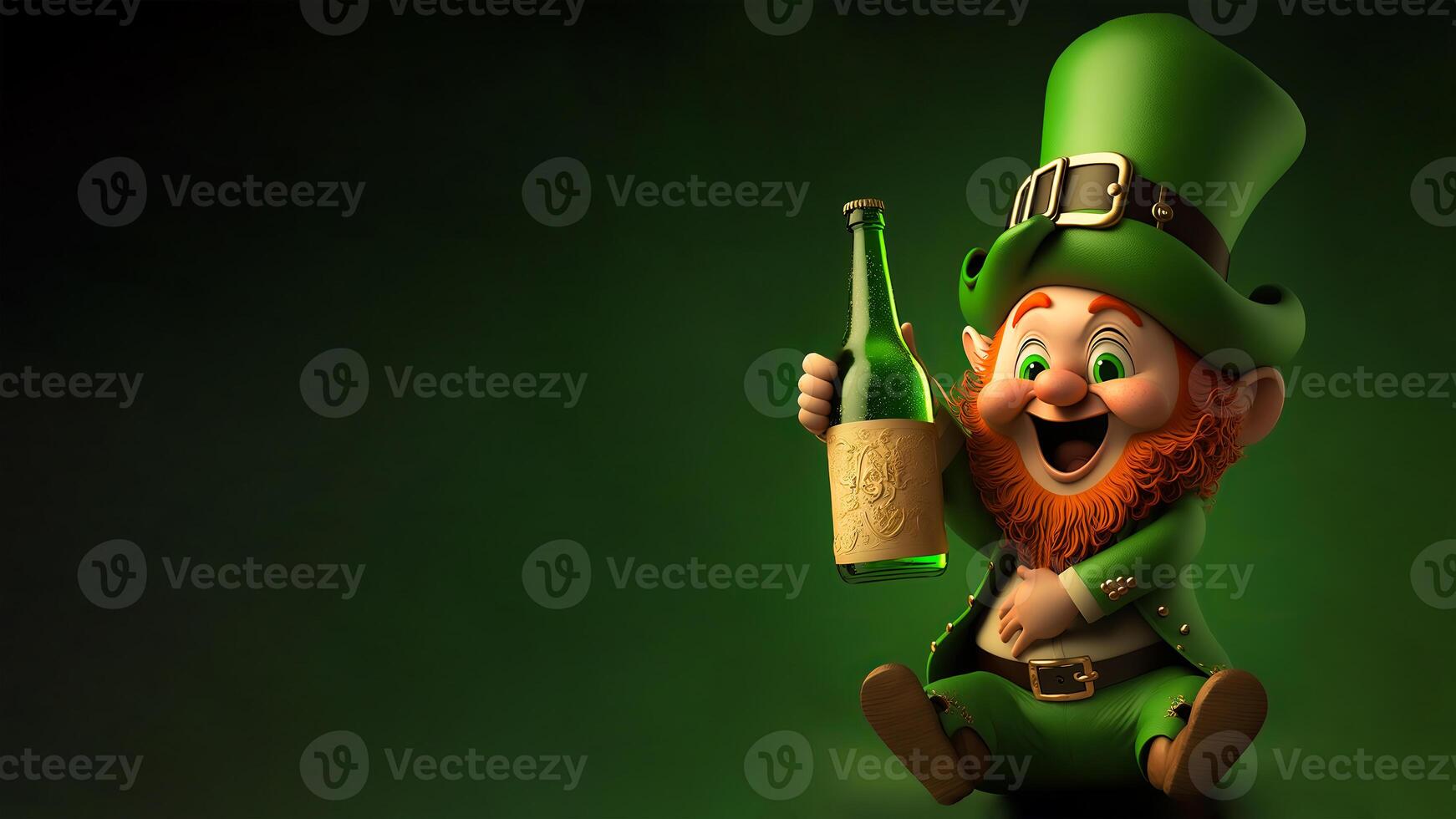 3D Render of Cheerful Leprechaun Man Holding Wine Bottle In Sitting Pose On Green Background. St. Patrick's Day Concept. photo