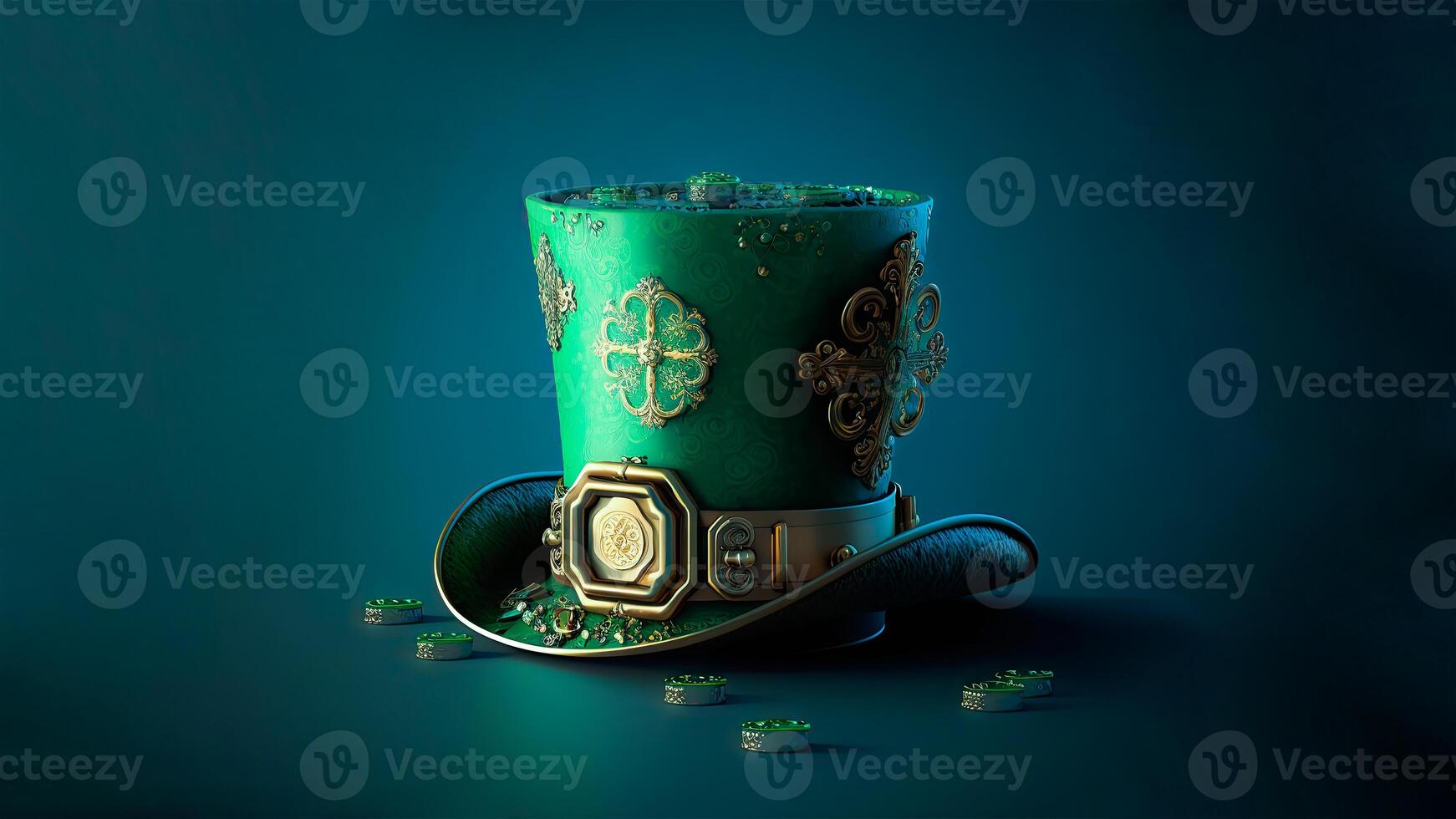 3D Render of Golden And Green Clover Leaves Printed Leprechaun Hat, Coins On Blue Background. St. Patrick's Day Concept. photo