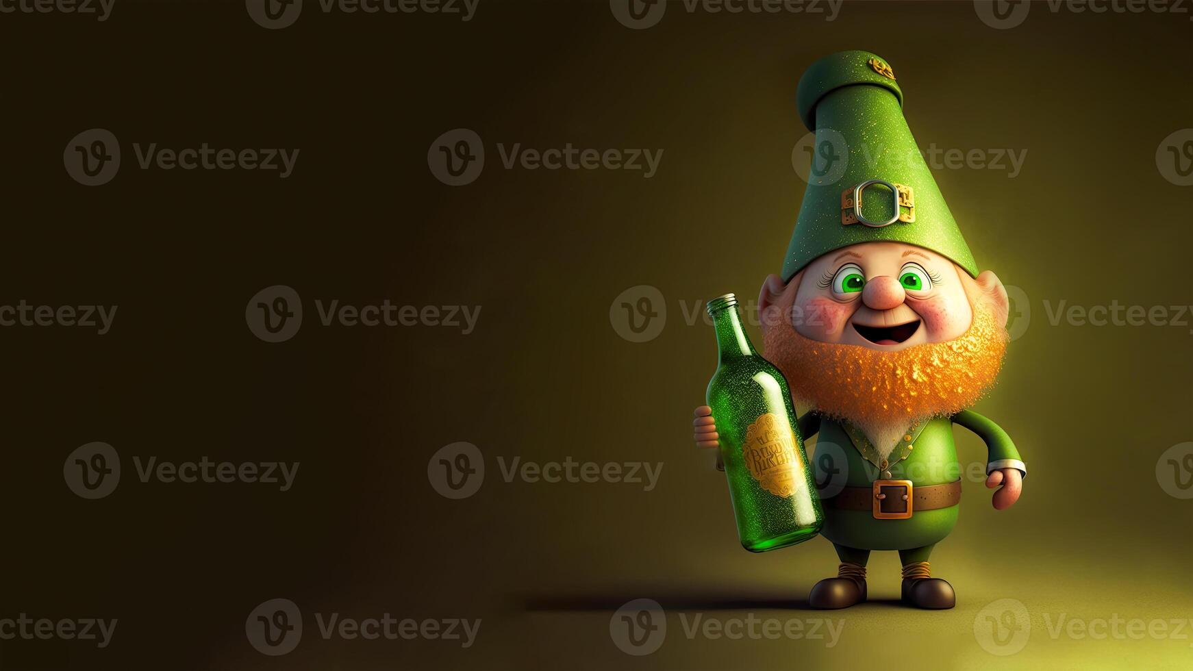 3D Render of Cheerful Leprechaun Man Holding Alcohol Bottle On Olive Green Background. St. Patrick's Day Concept. photo