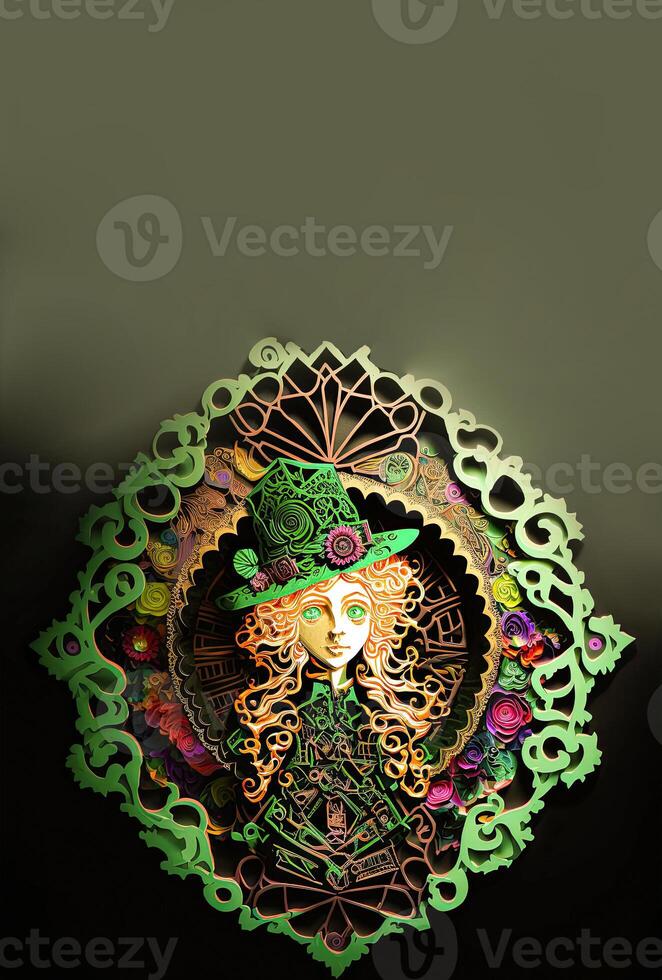 Clay Modeling of Beautiful Female Leprechaun Inside Vintage Frame. 3D Render, St. Patrick's Day Concept. photo