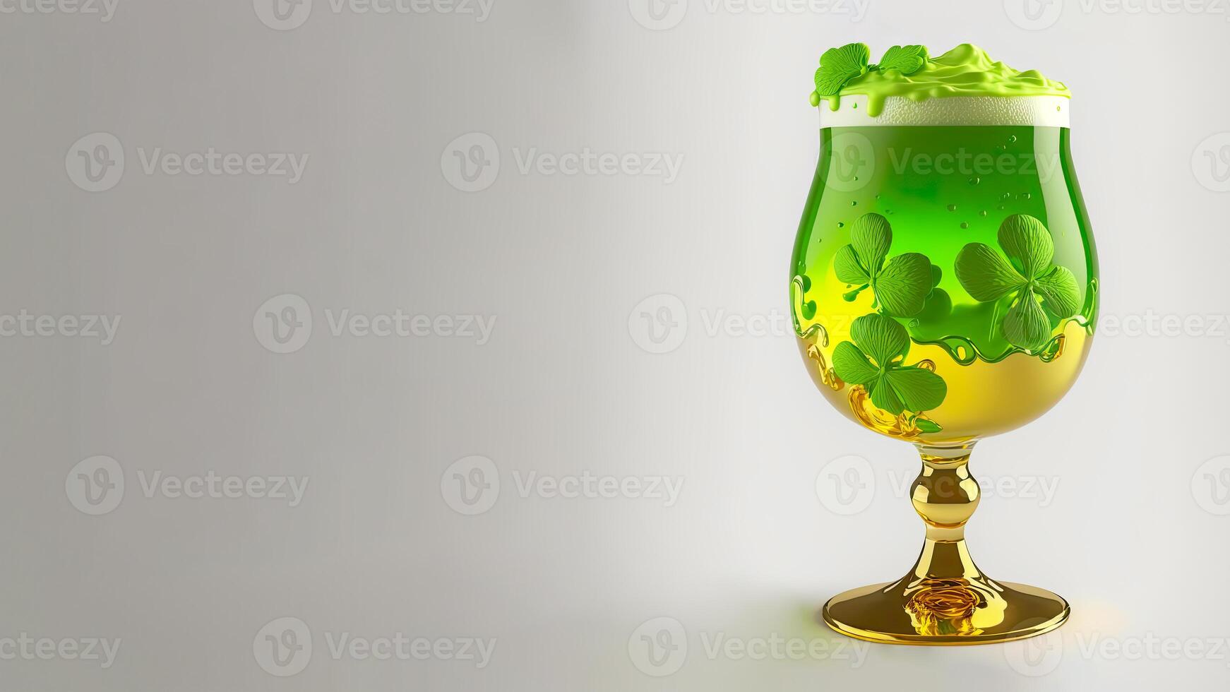 3D Render of Clover Leaves Inside Foam Drink Glass On Grey Background And Copy Space. St. Patrick's Day Concept. photo