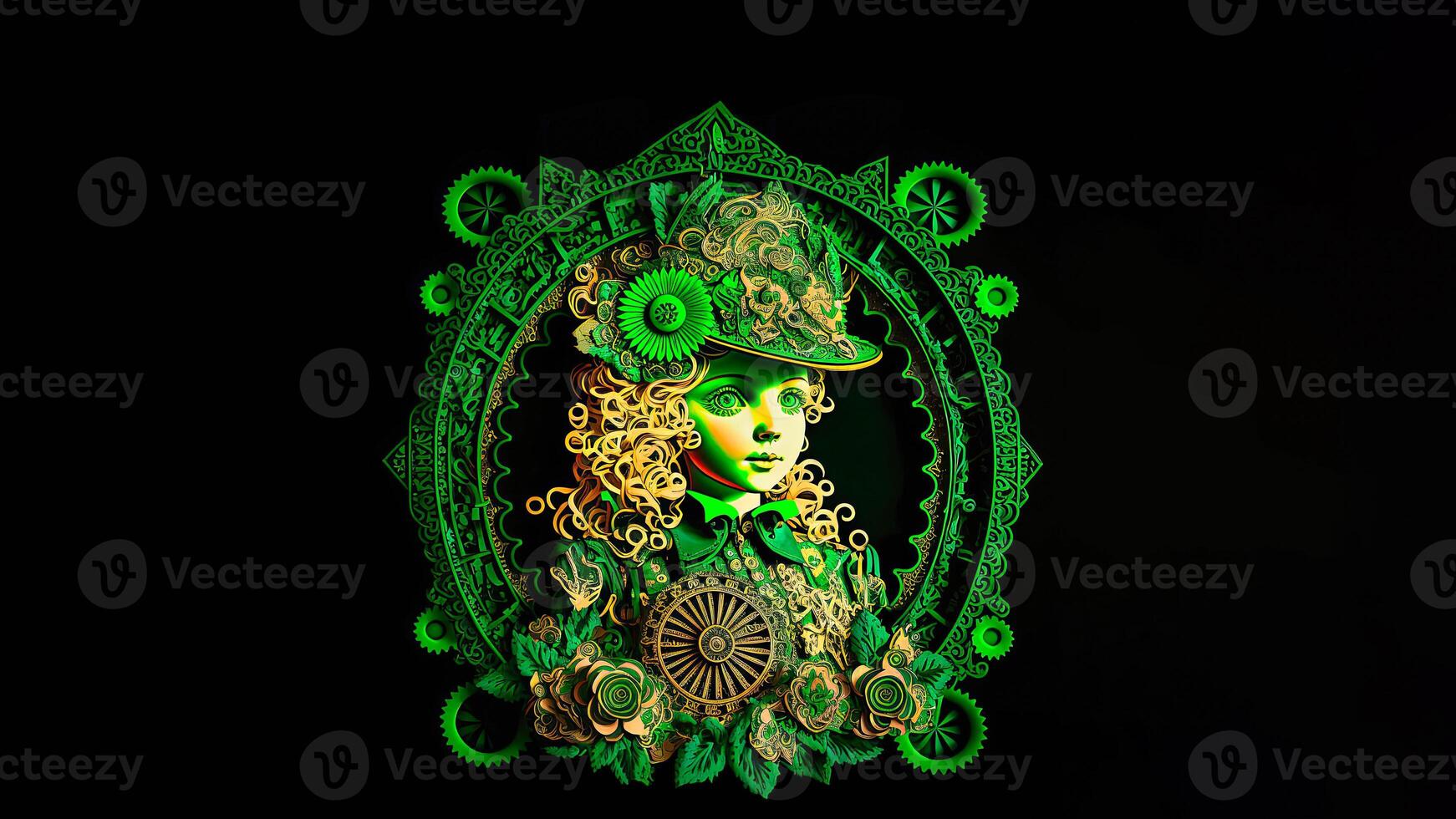 Clay Modeling of Female Leprechaun Inside Vintage Circular Frame. 3D Render, St. Patrick's Day Concept. photo