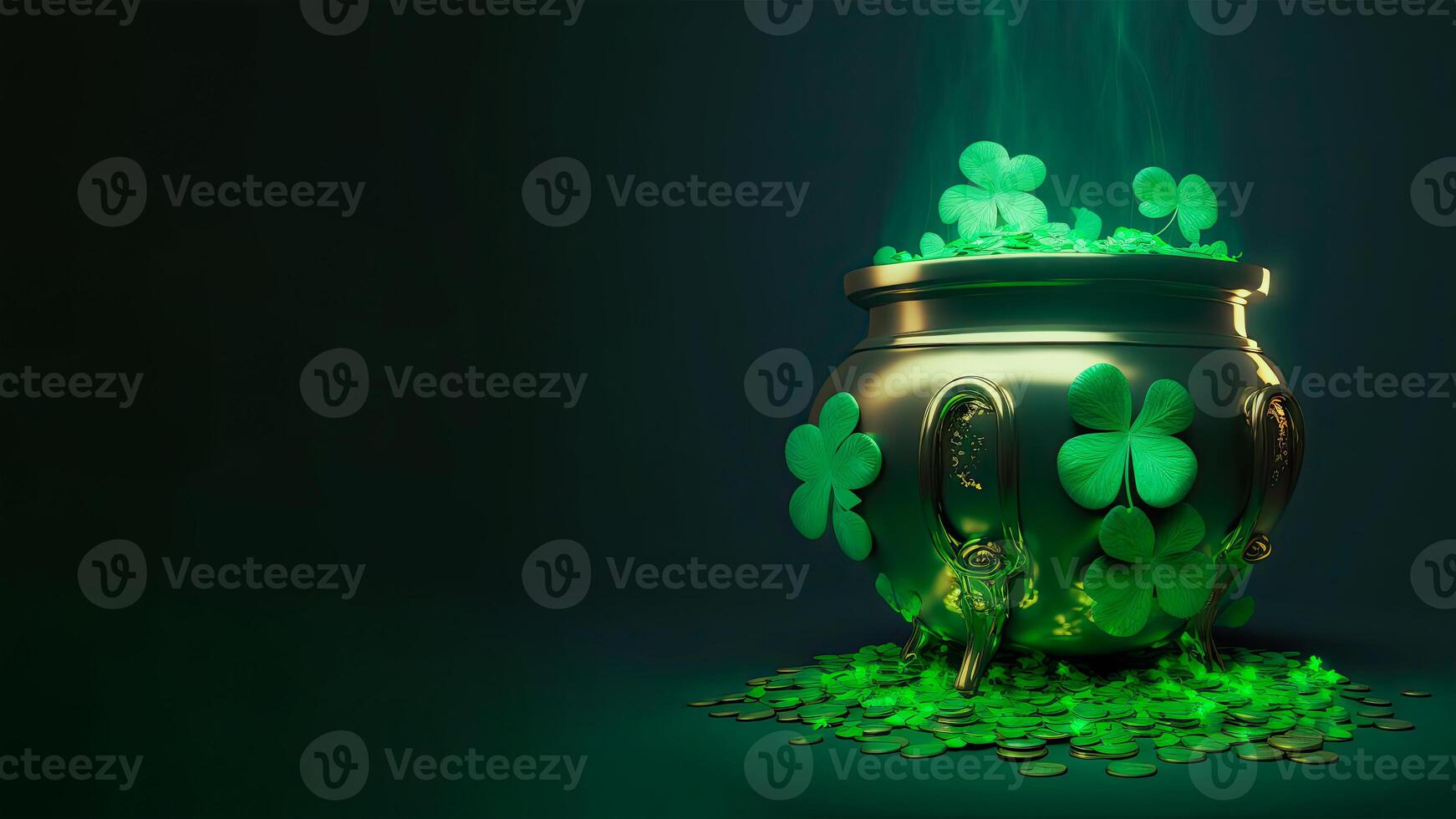 3D Render, Cauldron Pot Full of Clover Leaves On Green Coins Background. St. Patrick's Day Concept. photo