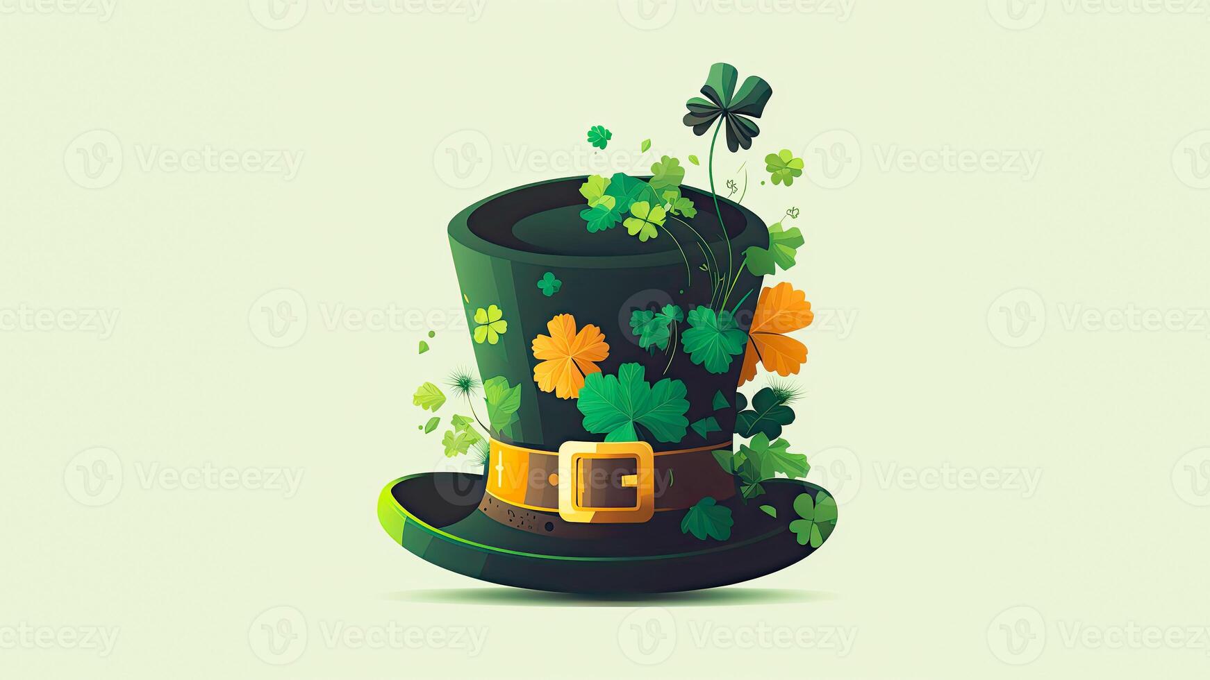 3D Render of Clover Leaves Leprechaun Hat In Green And Golden Color. St. Patrick's Day Concept. photo