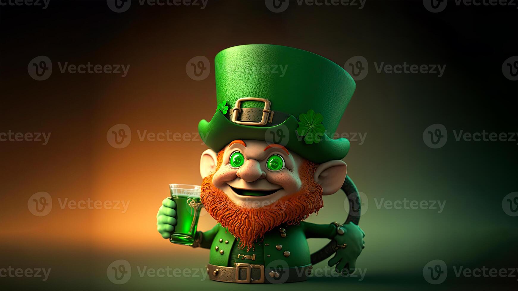 3D Render Closeup of Cheerful Leprechaun Man Holding Drink Glass And Copy Space. St. Patrick's Day Concept. photo