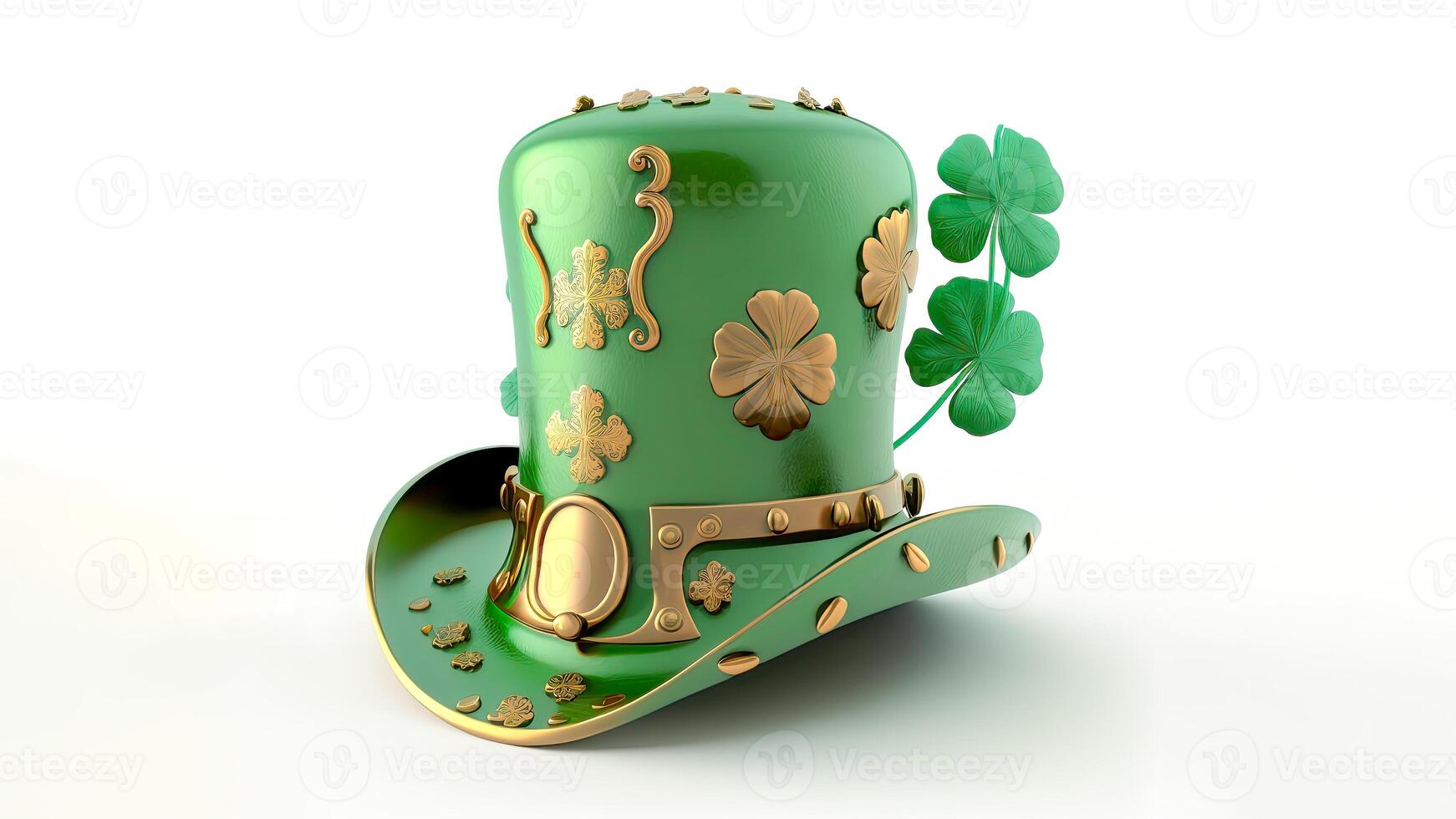 3D Render of Clover Leaves Printed Leprechaun Hat In Green And Golden Color. St. Patrick's Day Concept. photo