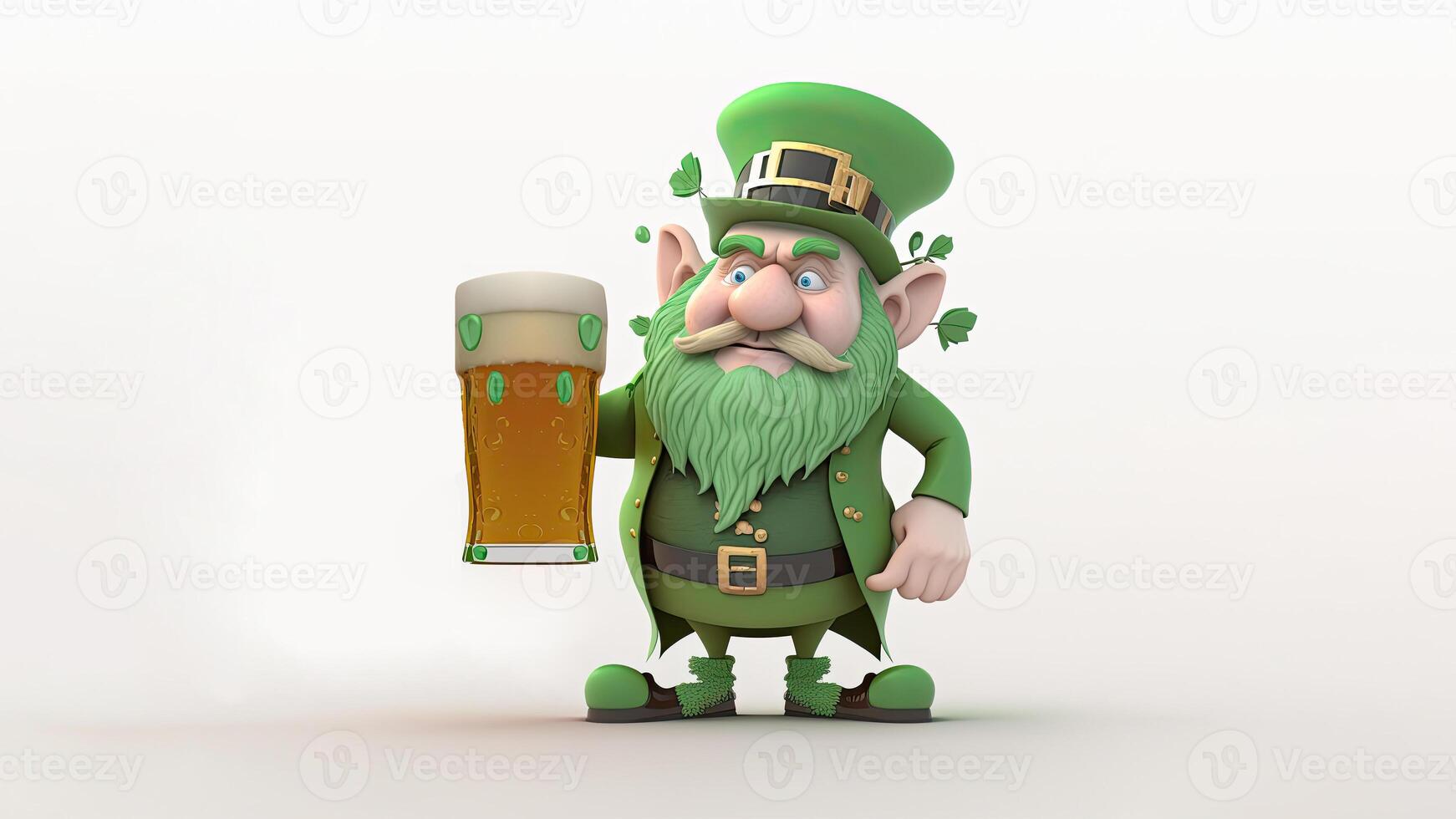 3D Render of Leprechaun Man Holding Beer Glass And Copy Space. St. Patrick's Day Concept. photo
