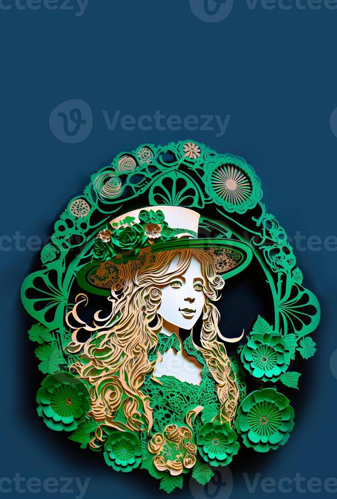 Clay Modeling of Female Leprechaun Inside Vintage Frame On Blue Background. 3D Render, St. Patrick's Day Concept. photo