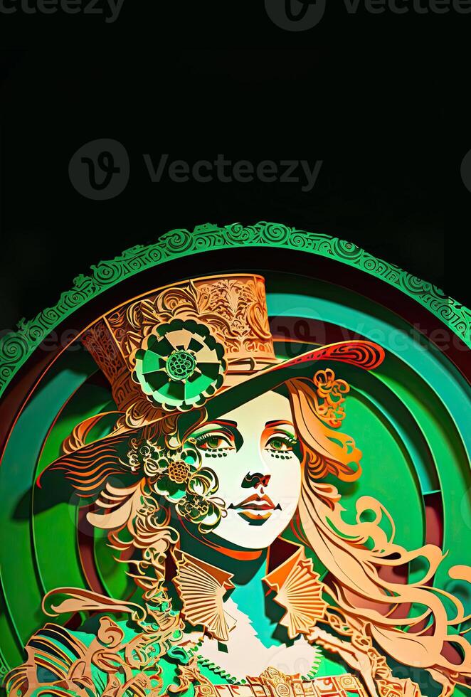 Clay Modeling of Beautiful Female Leprechaun On Abstract Background. 3D Render, St. Patrick's Day Concept. photo