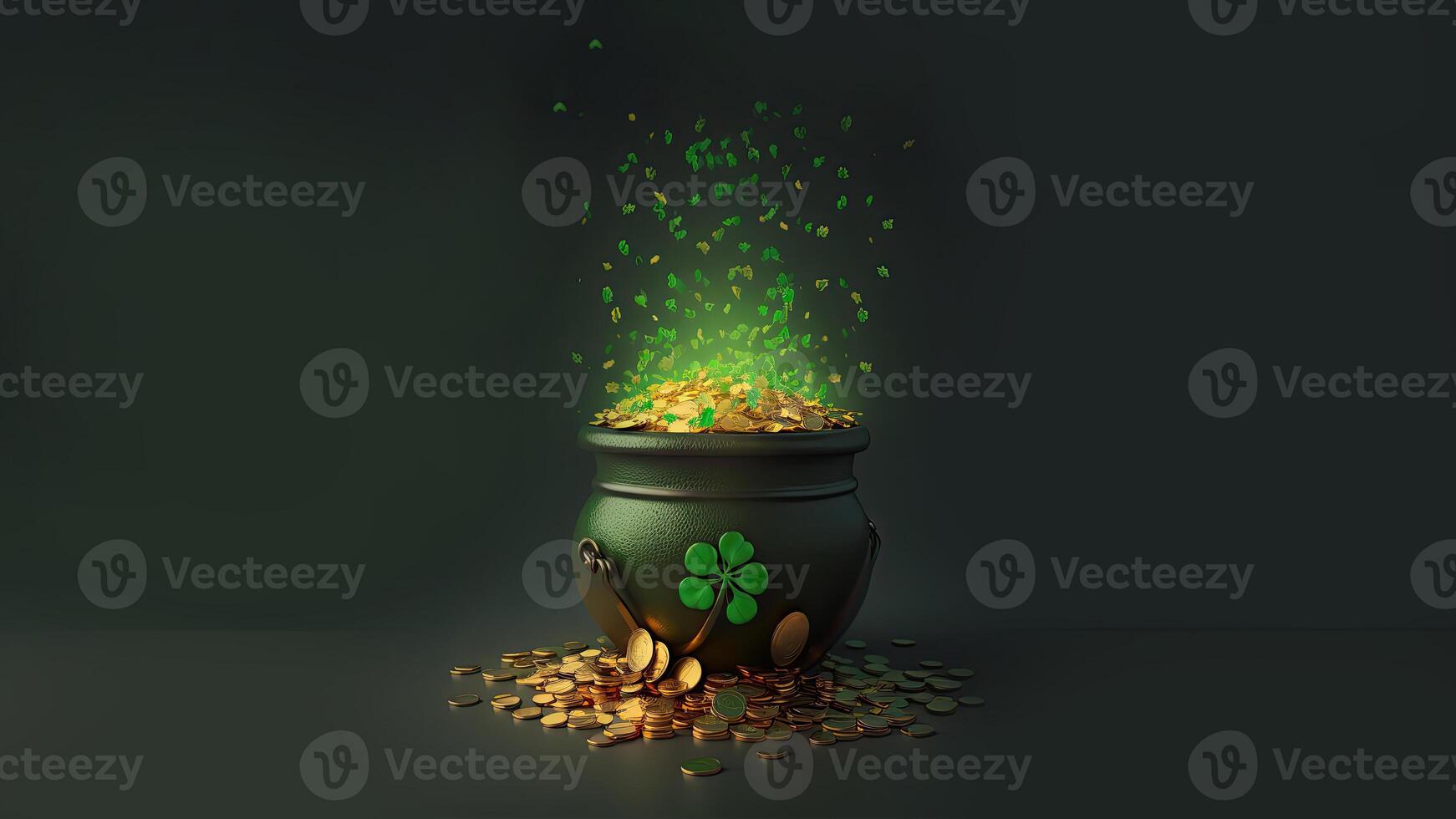 3D Render of Golden Coins Pot And Flying Leaves Against Background With Copy Space. St. Patrick's Day Concept. photo