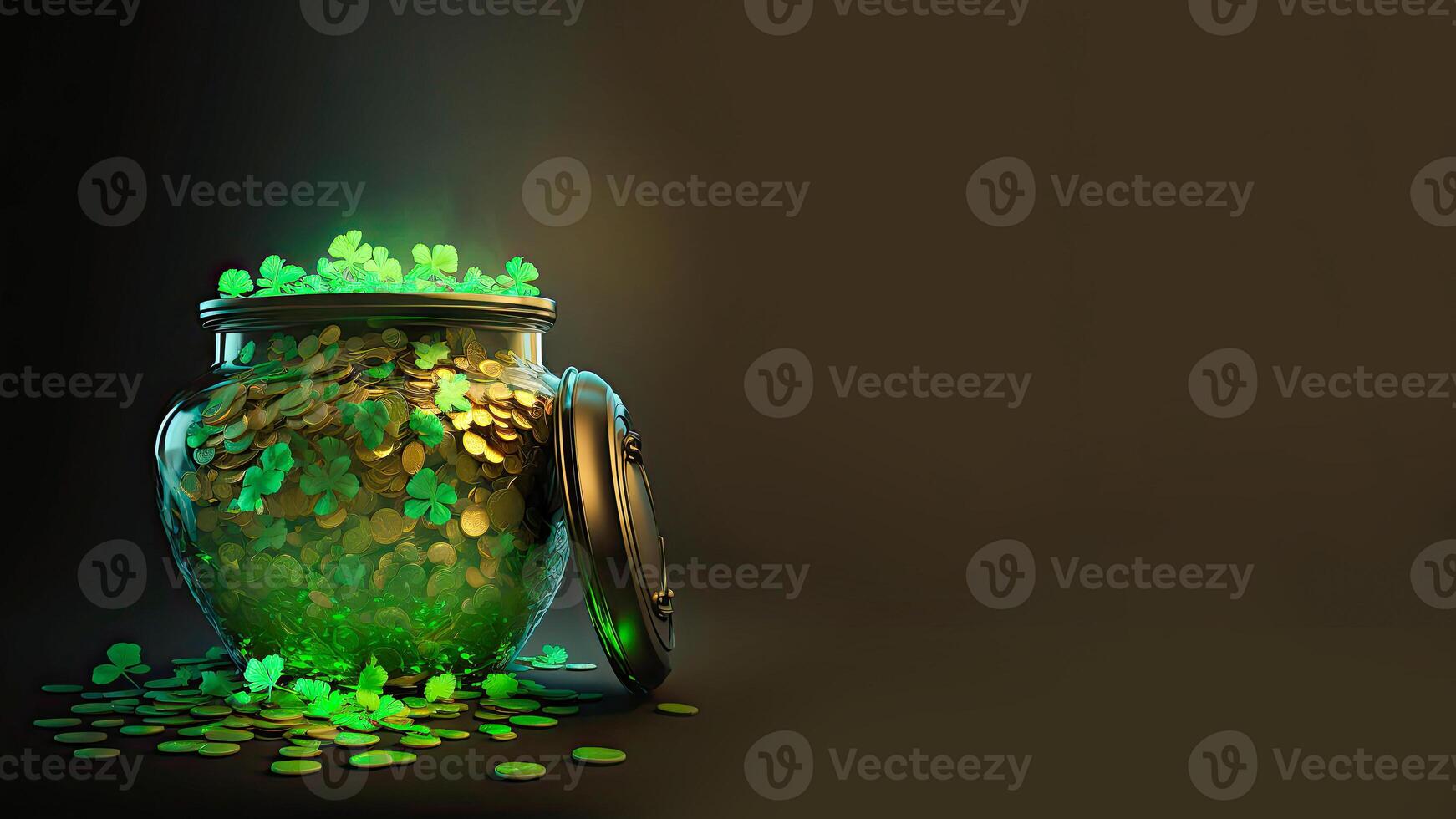 3D Render, Transparent Pot Full of Golden Coins With Clover Leaves On Brown Background. St. Patrick's Day Concept. photo