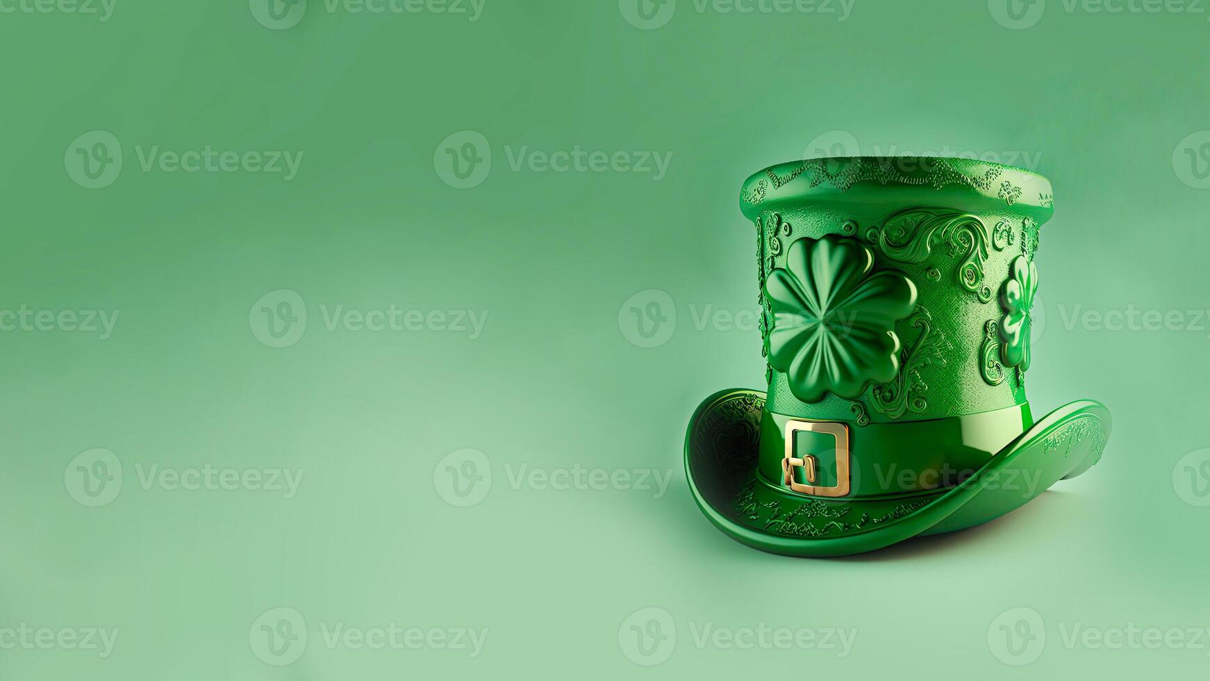 3D Render of Leprechaun Hat Printed With Clover Leaves On Pastel Green Background. St. Patrick's Day Concept. photo