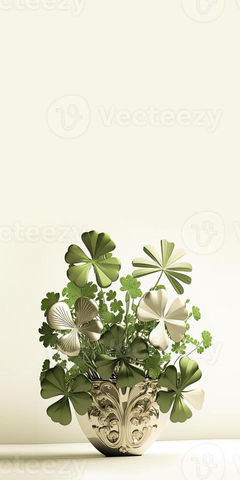 3D Render of White And Green Clover Plant Pot And Copy Space. St. Patrick's Day Concept. photo