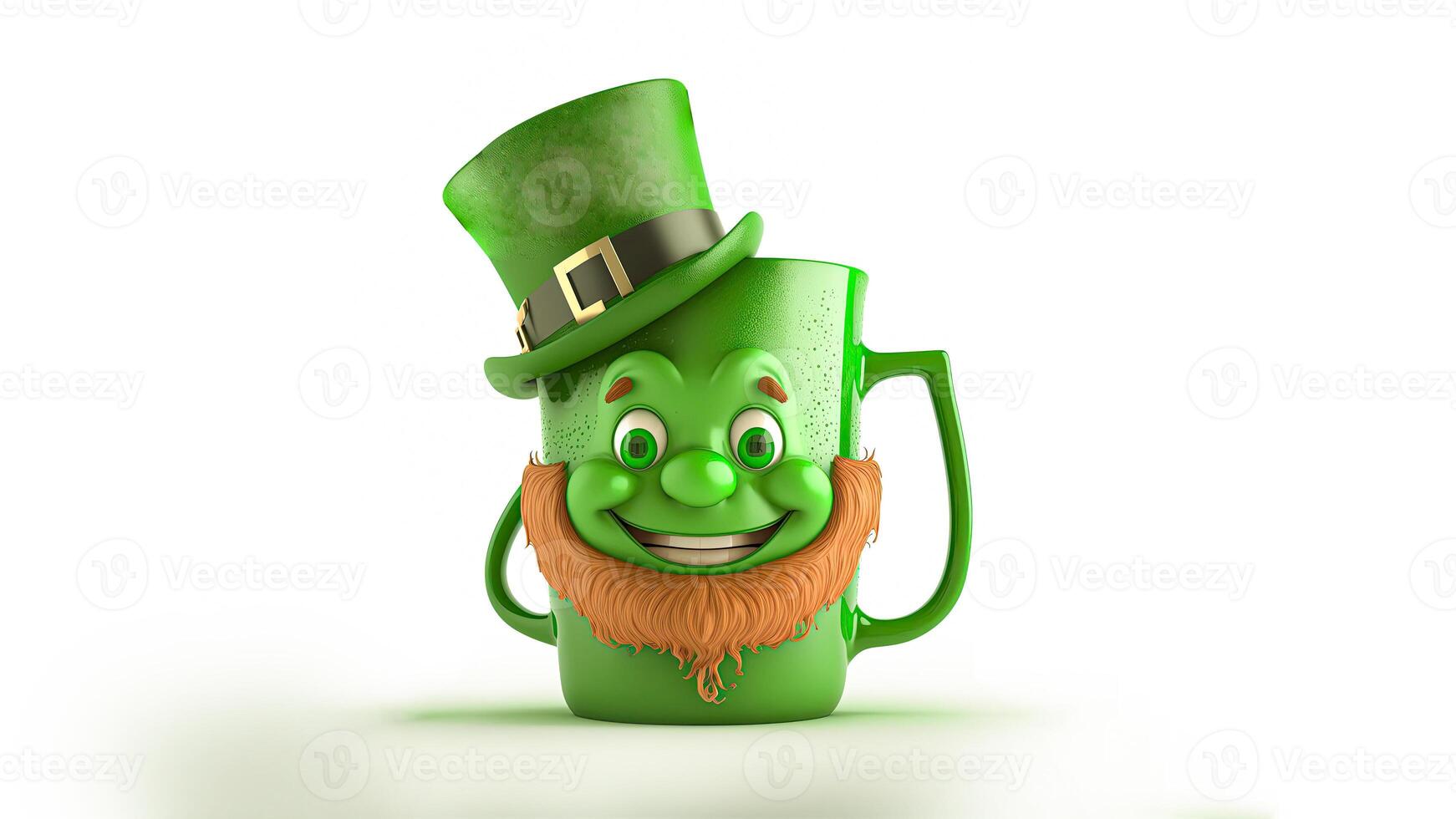 3D Render, Leprechaun Head Mug With Top Hat On White Background And Copy Space. St. Patrick's Day Concept. photo
