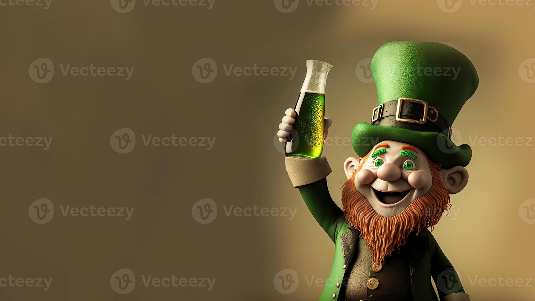 3D Render of Cheerful Leprechaun Man Enjoying Drink On Brown Background And Copy Space. St. Patrick's Day Concept. photo