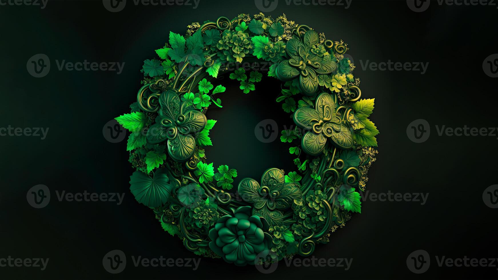 3D Render of Clover And Tropical Leaves Forming Wreath Against Dark Background. St. Patrick's Day Concept. photo