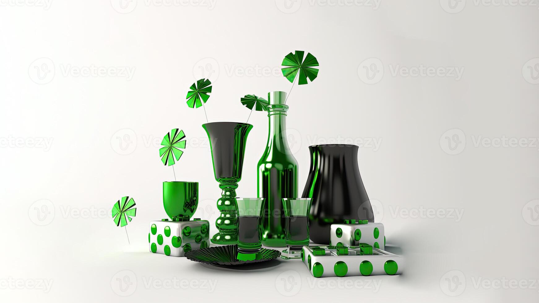 3D Composition of Glassware Bottle With Vases, Gift Boxes Elements On Light Gray Background. St. Patrick's Day Concept. photo