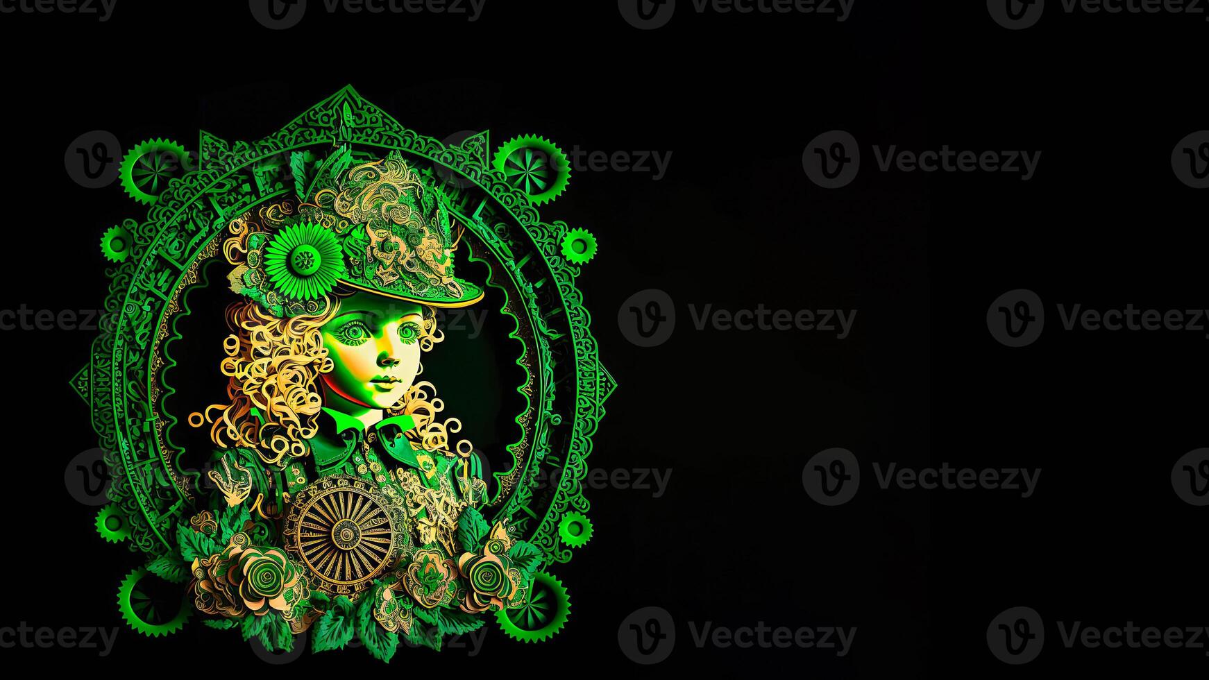 Clay Modeling of Female Leprechaun Inside Vintage Oval Frame. 3D Render, St. Patrick's Day Concept. photo