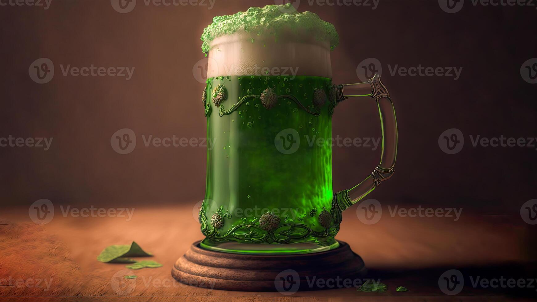 3D Render of Green Foam Drink Mug On Pedestal And Brown Grunge Background With Copy Space. St. Patrick's Day Concept. photo