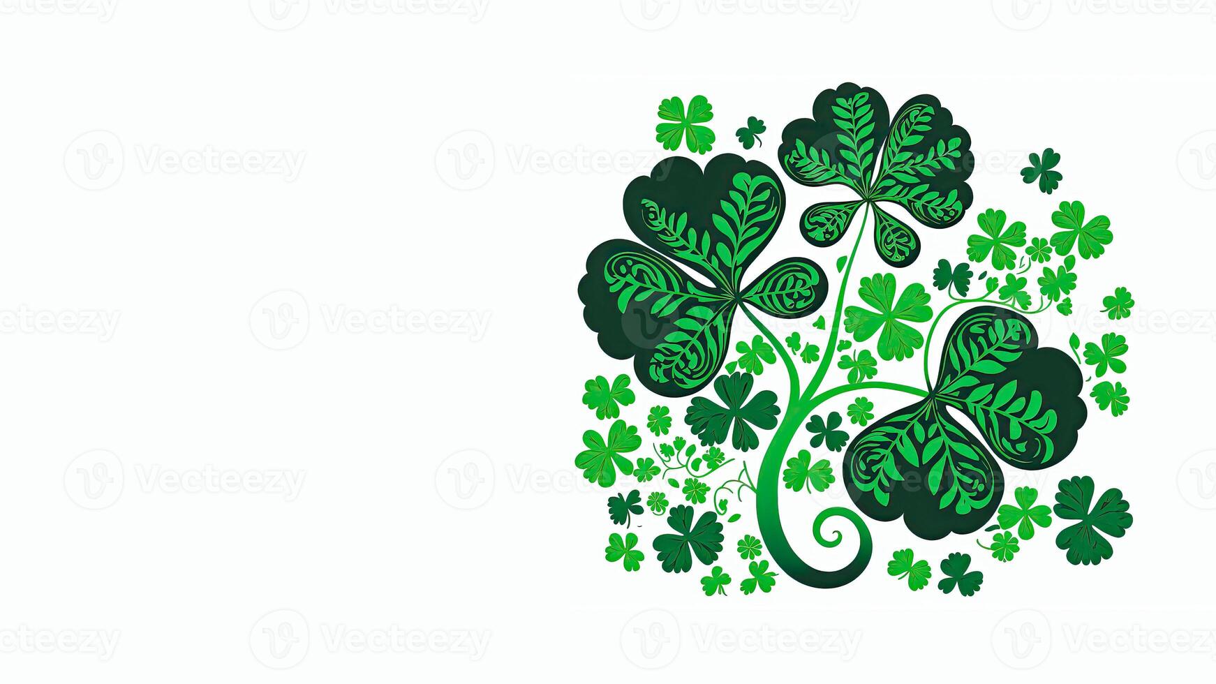 Green Clover Leaves Decorated On White Background And Copy Space. St. Patrick's Day Concept. photo