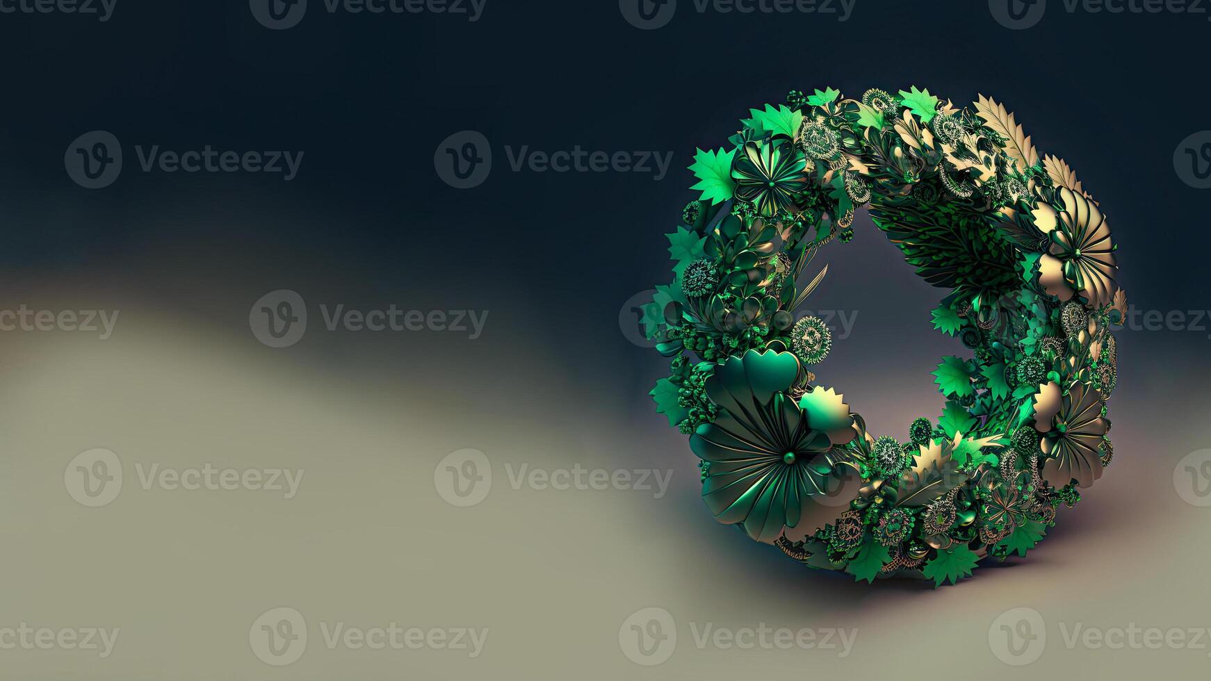 3D Render of Clover And Tropical Leaves Forming Wreath In Green And Golden Color. St. Patrick's Day Concept. photo