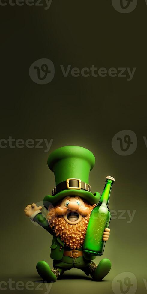 3D Render of Cheerful Leprechaun Man Holding Alcohol Bottle On Olive Green Background. St. Patrick's Day Concept. photo