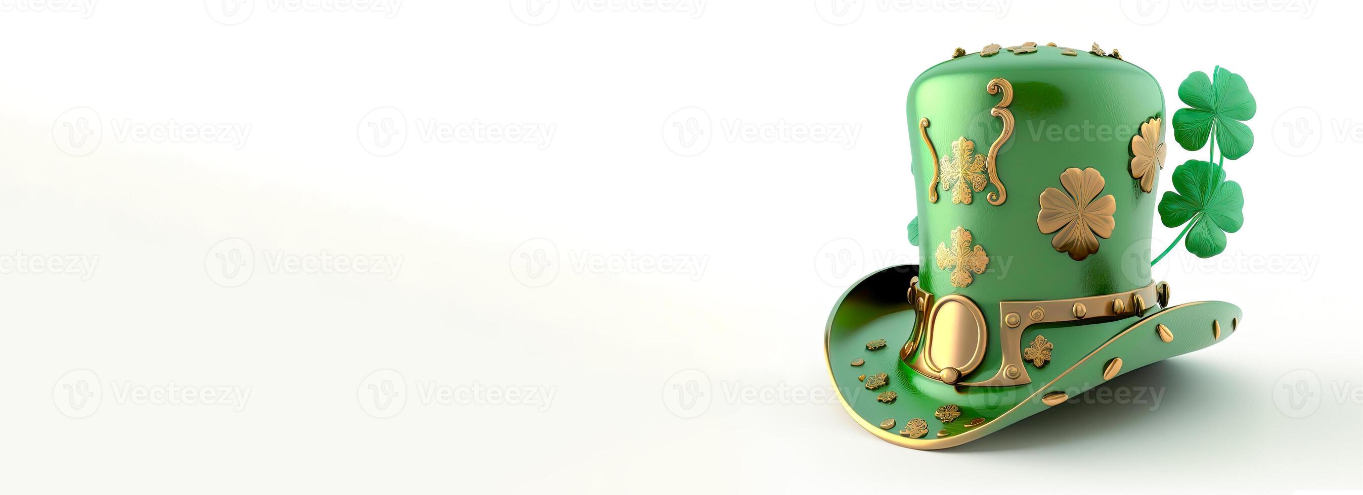 3D Render of Clover Leaves Printed Leprechaun Hat In Green And Golden Color On White Background. St. Patrick's Day Concept. photo