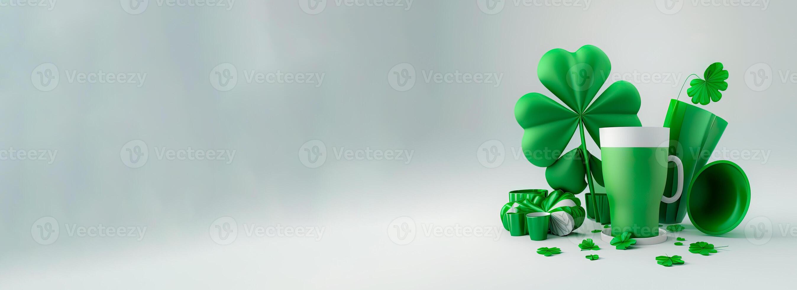 3D Render of Clover Leaves With Mugs, Vase Element On Grey Background And Copy Space. St. Patrick's Day Concept. photo