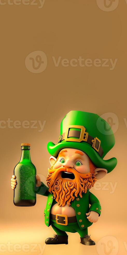 3D Render of Cheerful Leprechaun Man Character Holding Alcohol Bottle And Copy Space. St. Patrick's Day Concept. photo
