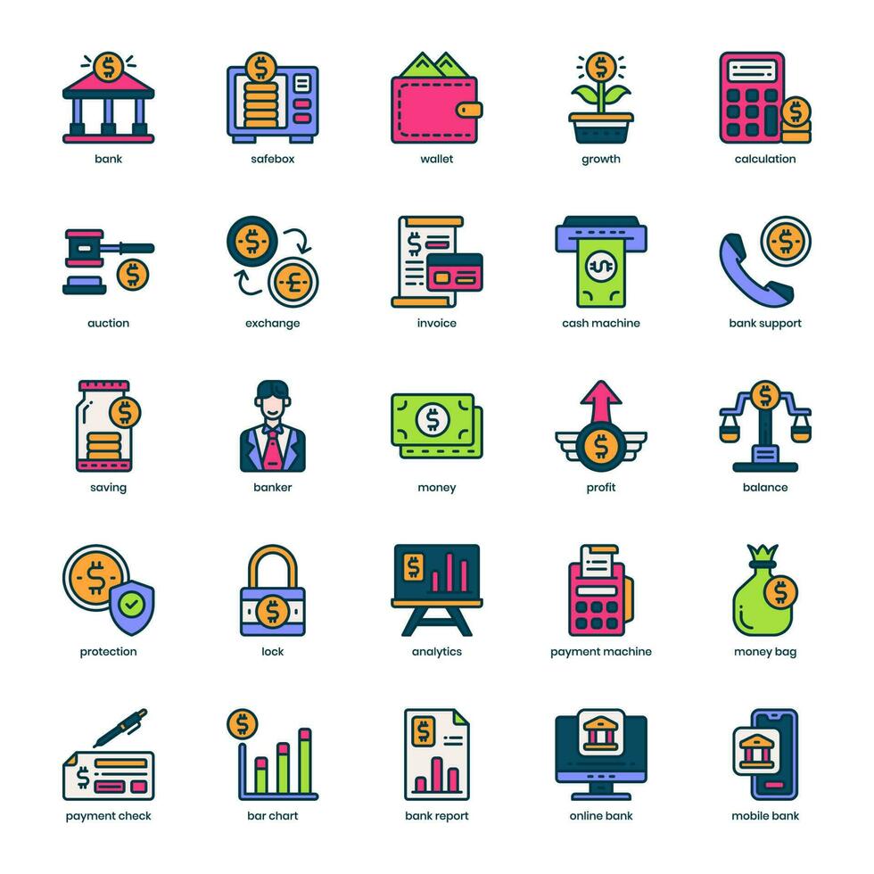 Banking Service icon pack for your website design, logo, app, and user interface. Banking Service icon filled color design. Vector graphics illustration and editable stroke.