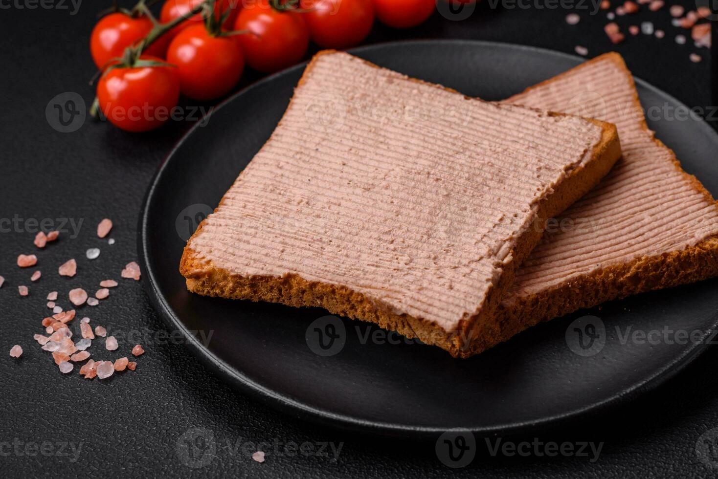 Delicious crispy toast with chicken or goose pate with salt and spices photo