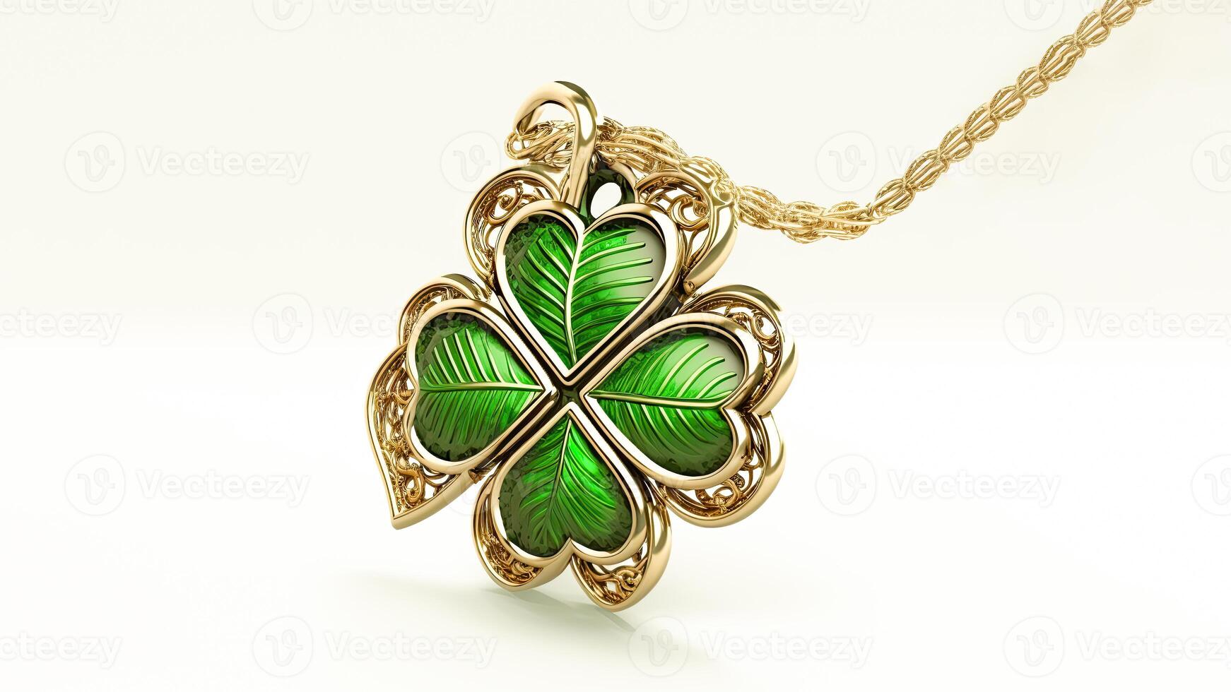 3D Render of Glossy Green And Golden Clover Pendant And Copy Space. St Patricks Day Concept. photo