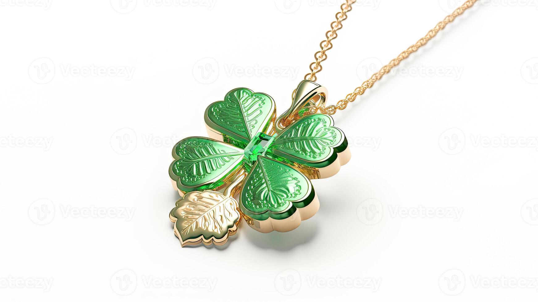 3D Render of Shiny Green And Golden Clover Leaves Pendant Or Locket And Copy Space. St Patricks Day Concept. photo