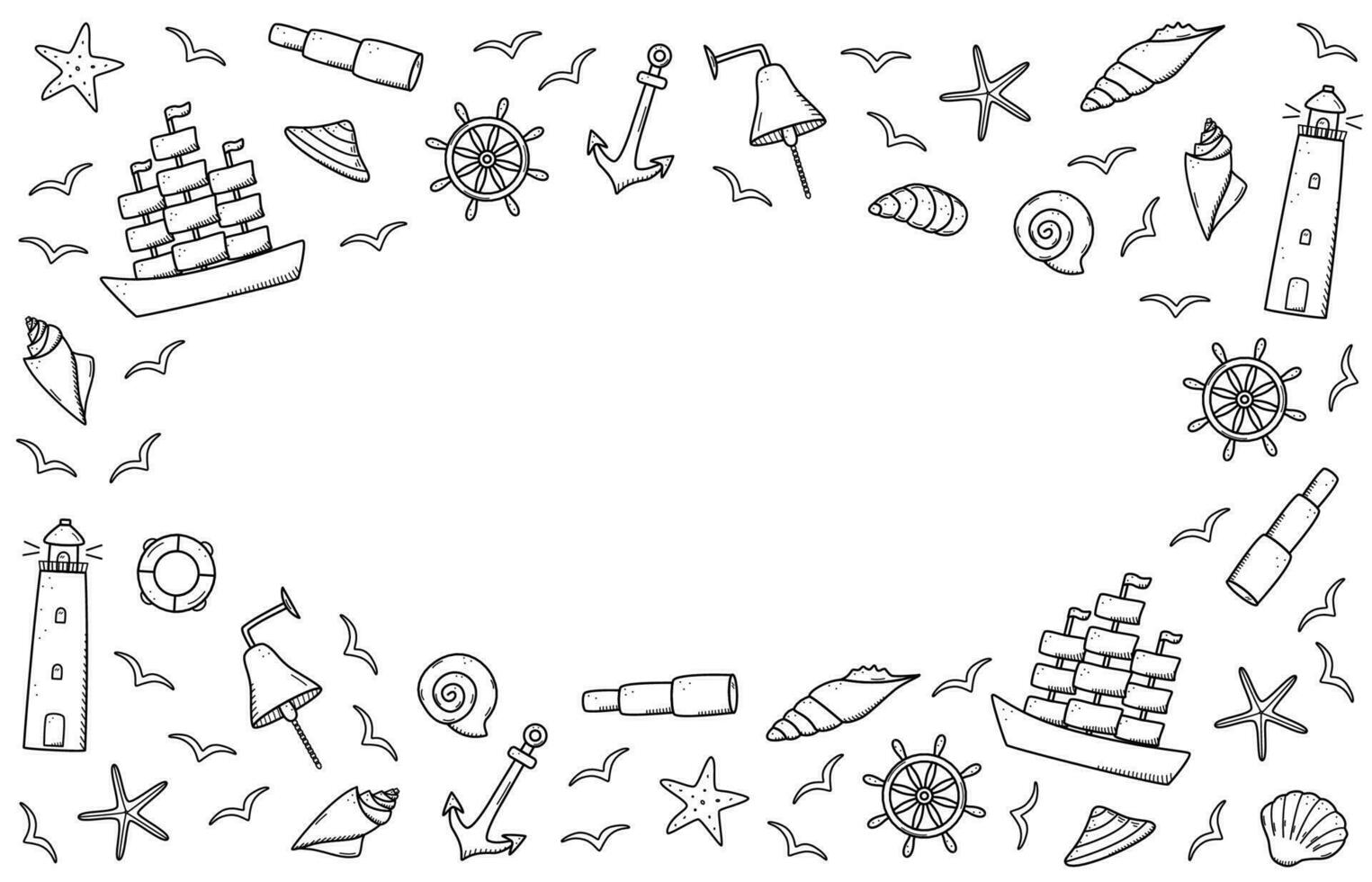 Sea set of elements, doodle icons of sea life. Ship telescope shells, lifebuoy anchor steering wheel bull, lighthouse and seagulls. Vector illustration, symbols of sailors or pirates.