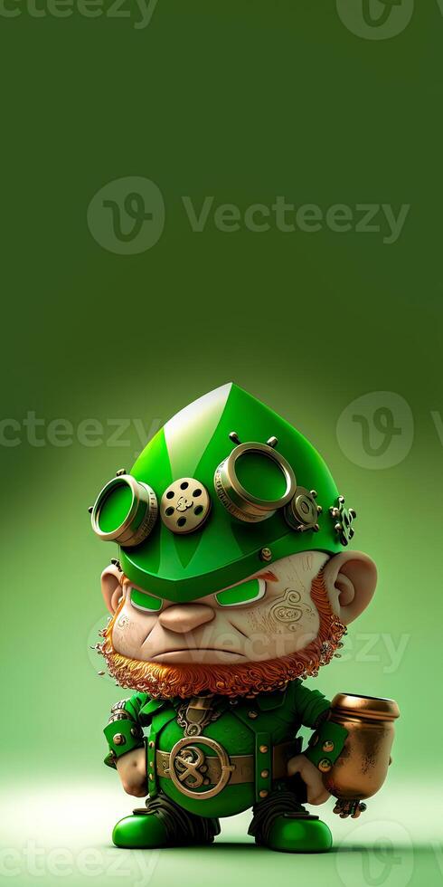 3d hacer de enojado duende personaje en pie en brillante verde antecedentes y Copiar espacio. S t patricks día concepto. foto