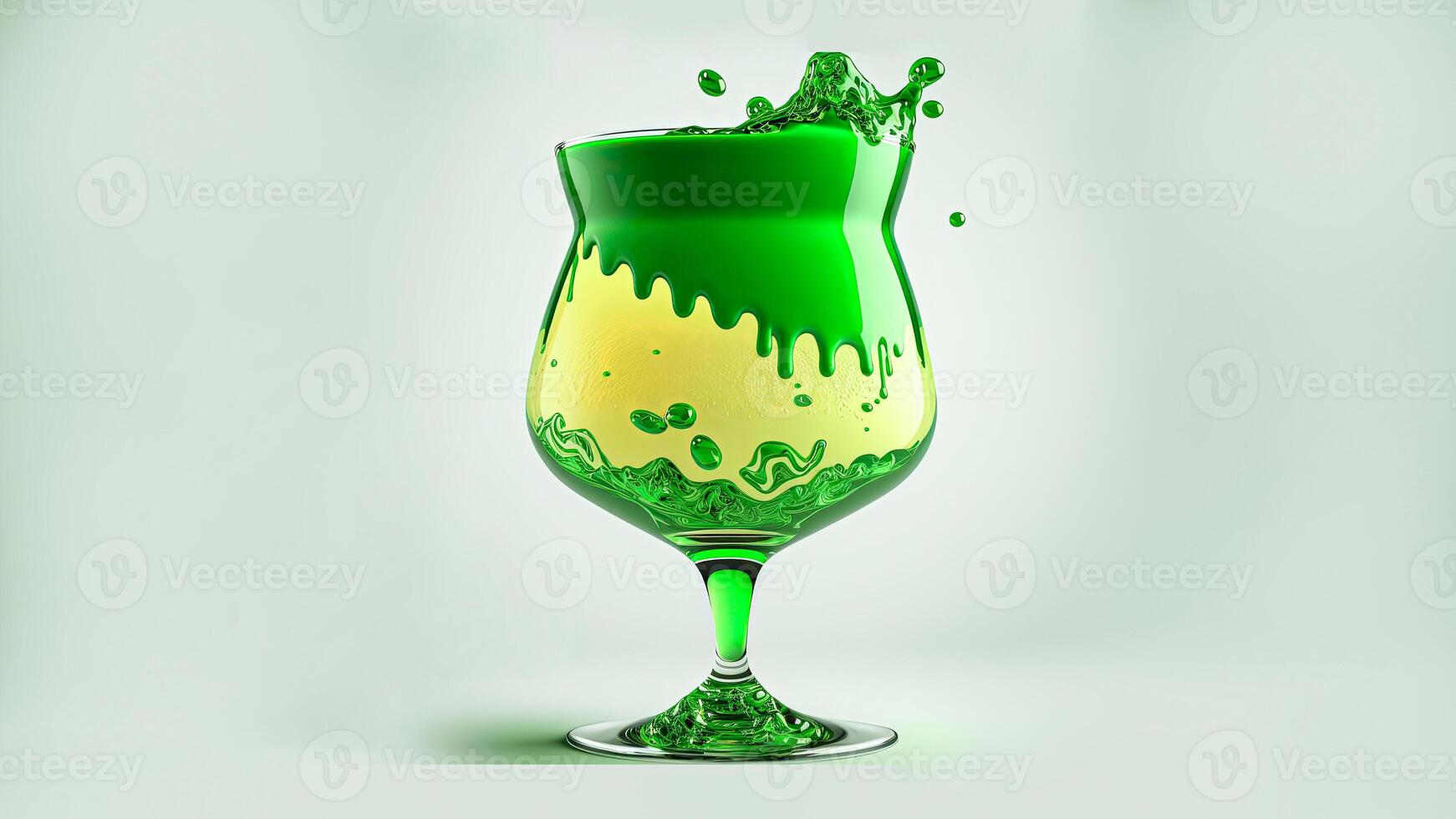 3D Render of Splashing Green And Yellow Cocktail Drink Glass On Pastel Green Background And Copy Space. St Patricks Day Concept. photo