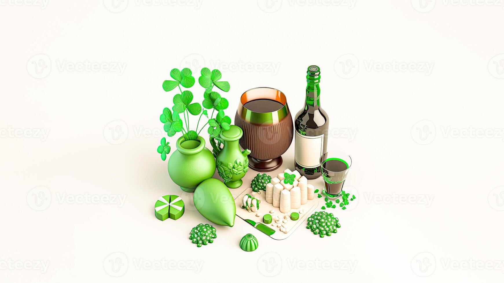 3D Render of Pie Chart With Cityscape Model, Clover Leaves Pot And Alcoholic Drink Bottle And Cocktail Drink Glass For St Patricks Day Concept. photo