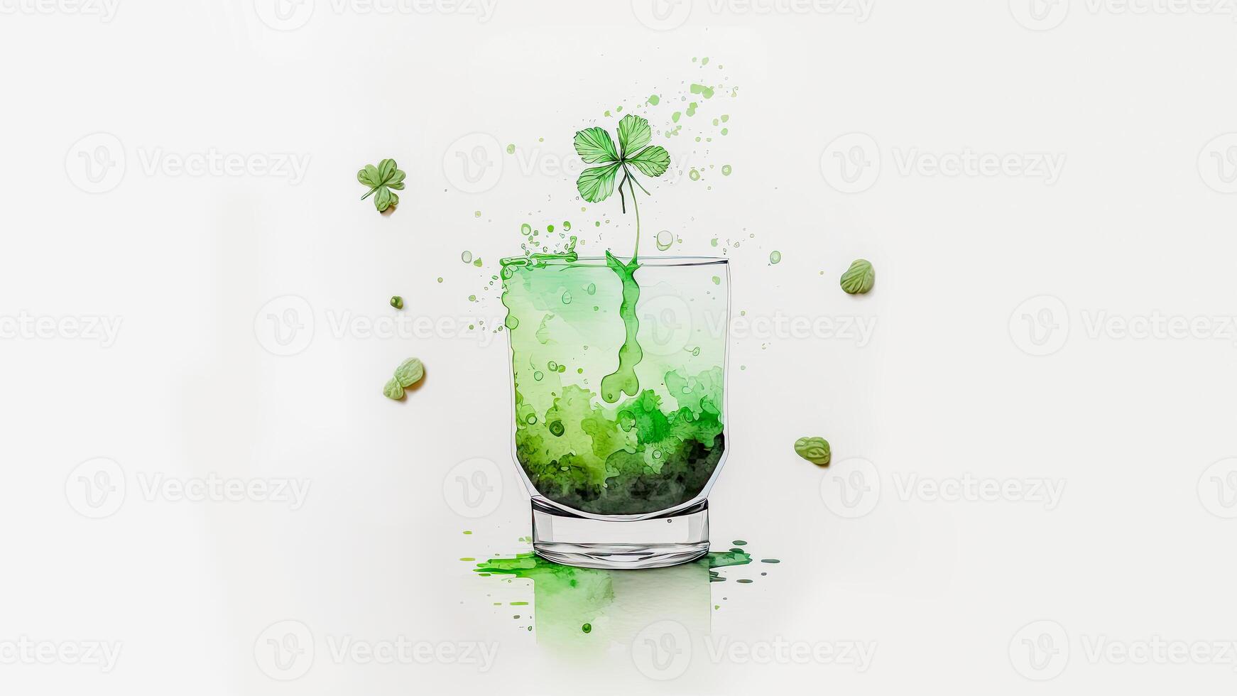 3D Render of Splashing Green Cocktail Drink Glass With Clover Leaves And Copy Space. St Patricks Day Concept. photo