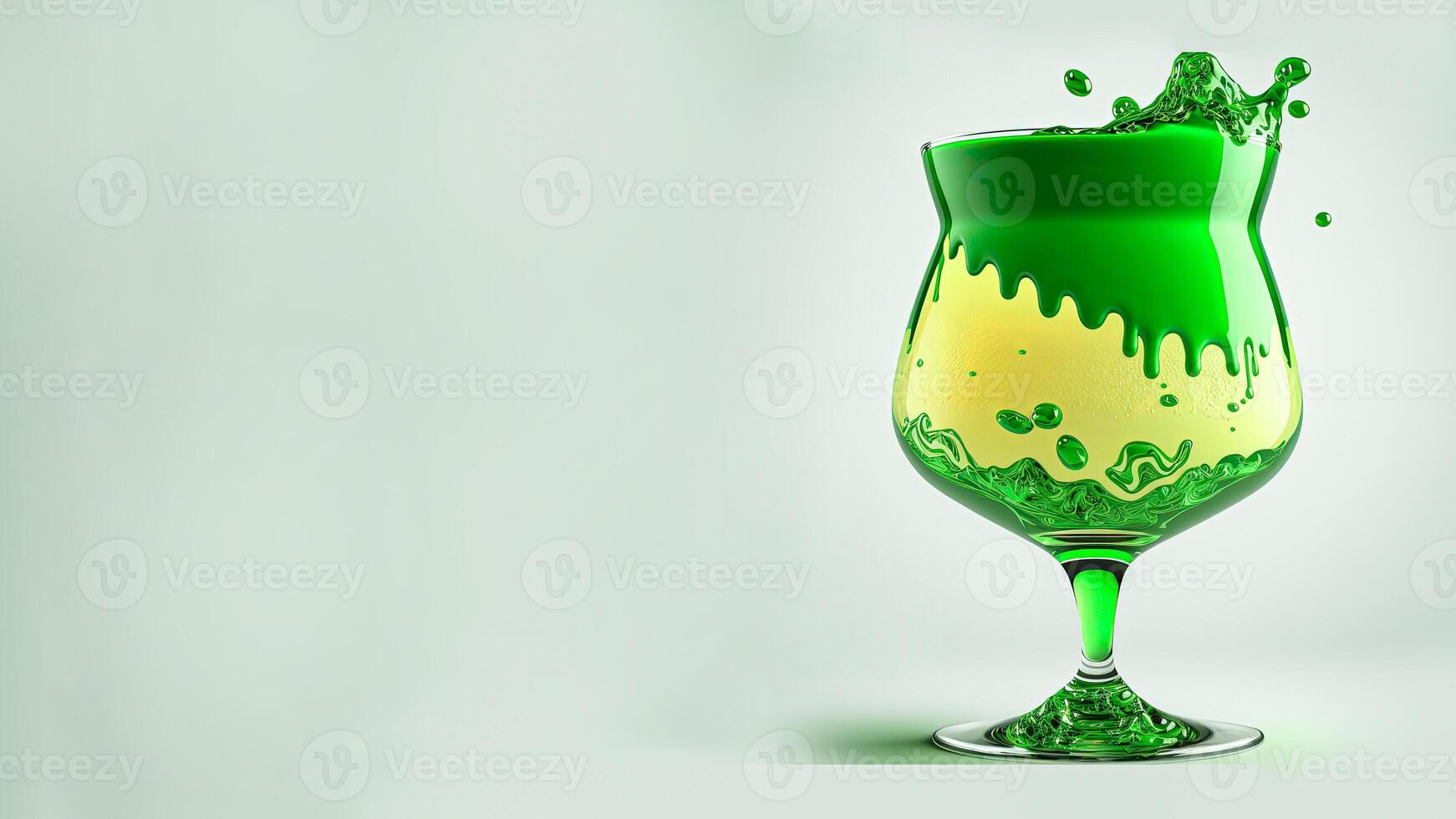 3D Render of Splashing Green And Yellow Cocktail Drink Glass On Pastel Green Background And Copy Space. St Patricks Day Concept. photo
