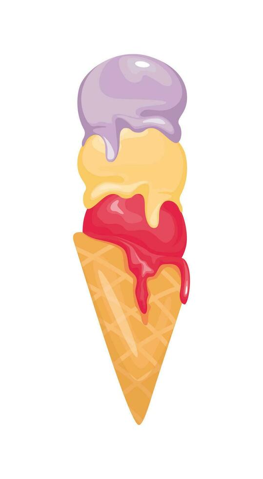 Ice cream cone with three scoops of different flavor vector